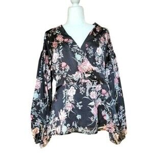 Taylor and Sage floral wrap blouse size medium in black with multicolored floral